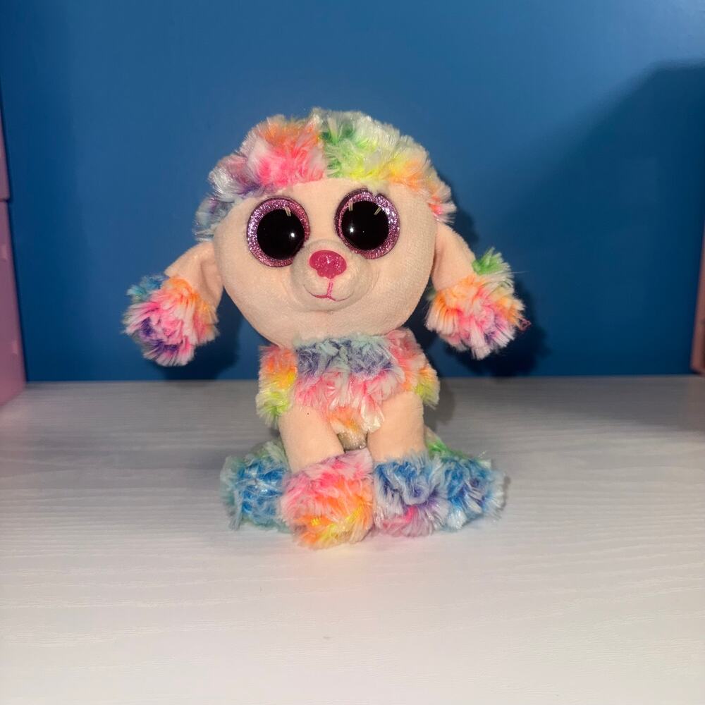 TY Beanie Baby Rainbow Poodle Plush 6” Pink Sparkle Eyes Rainbow Fur EUC